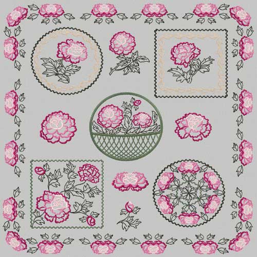 Chinese Peony Flowers 14 Machine Embroidery Eesigns Set