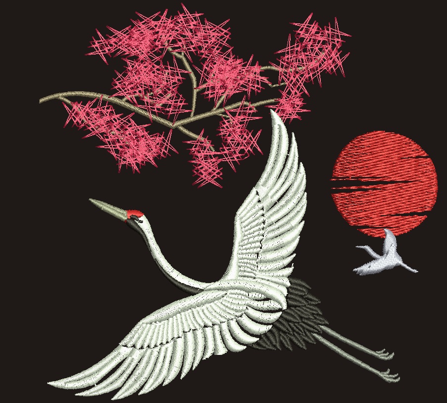 flying cranes sun and sakura branch  embroidery design 01