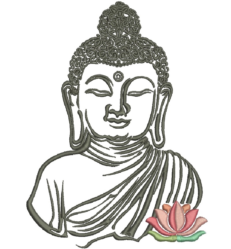 Buddha's face close-up and lotus flower machine embroidery design