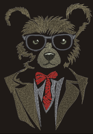Bear in glasses and suit embroidery design for dark fabric 