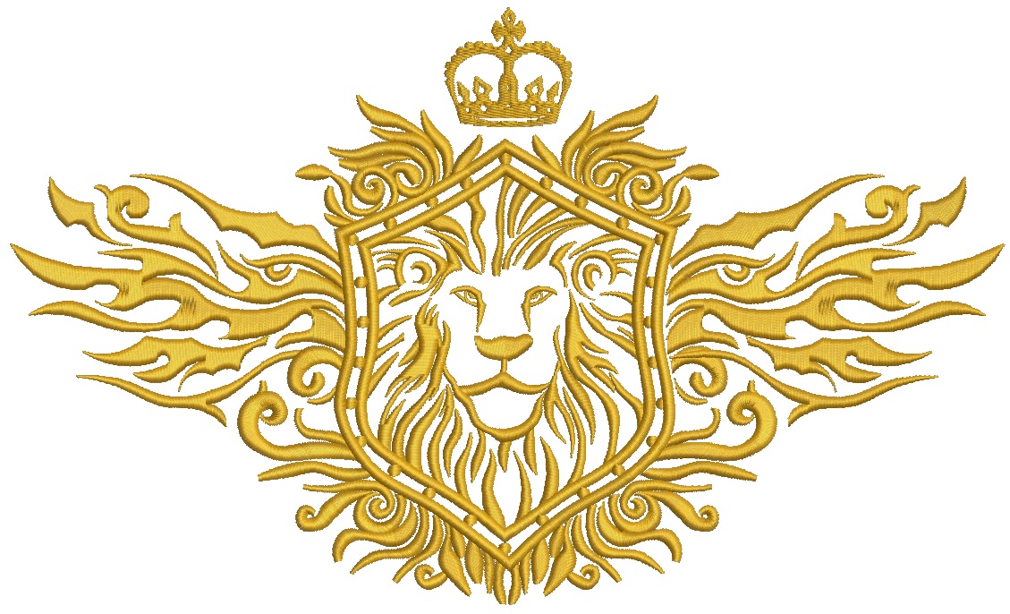 Lion in crown with ornamental shield machine embroidery design 
