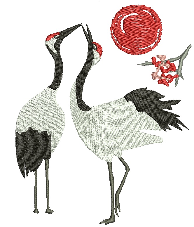 Cranes with Red Sun and Sakura Branch Machine Embroidery Design 