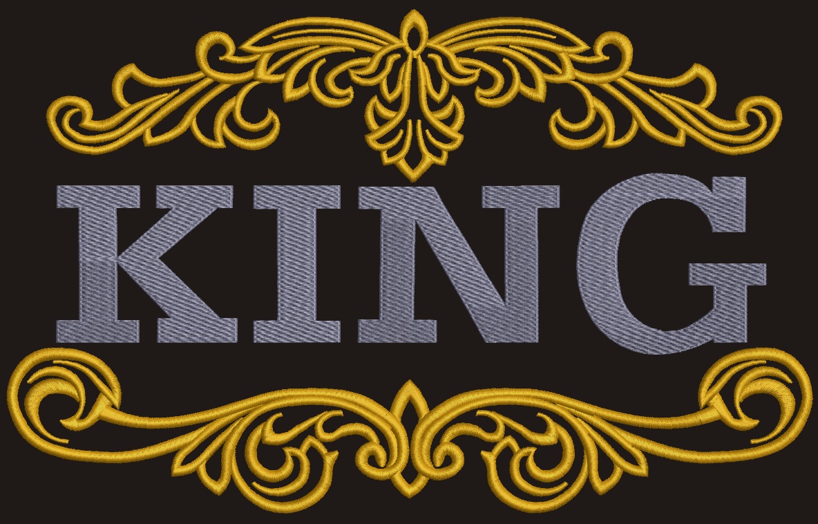 Regal King Inscription with Baroque Ornament Machine Embroidery Design 