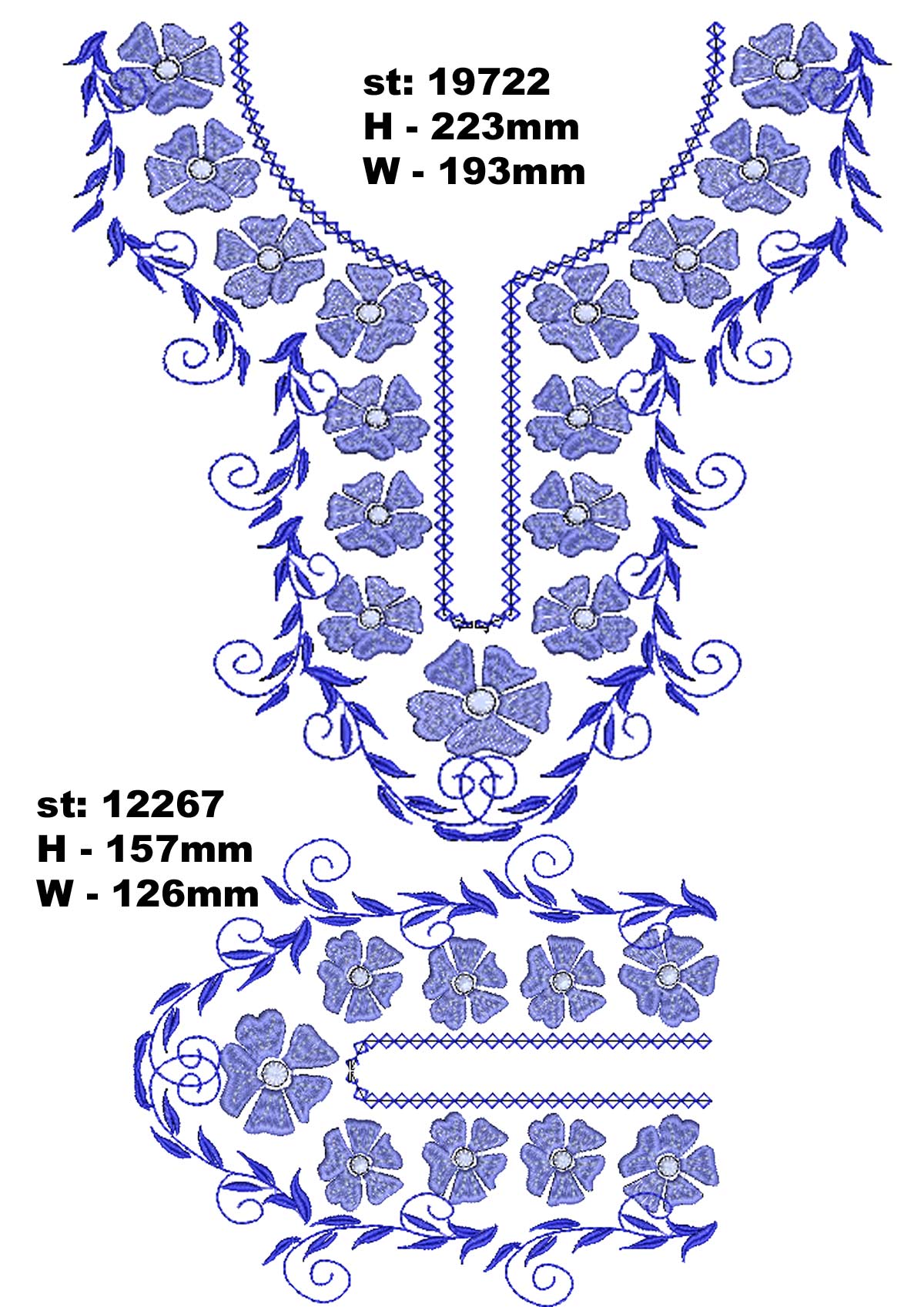 Set of Ornamental Machine Embroidery Designs Blue Flowers and Leaves 