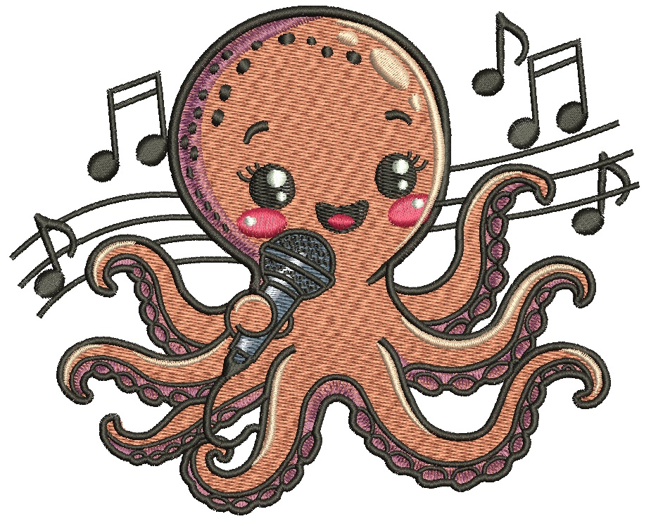 Singing octopus with microphone embroidery design 