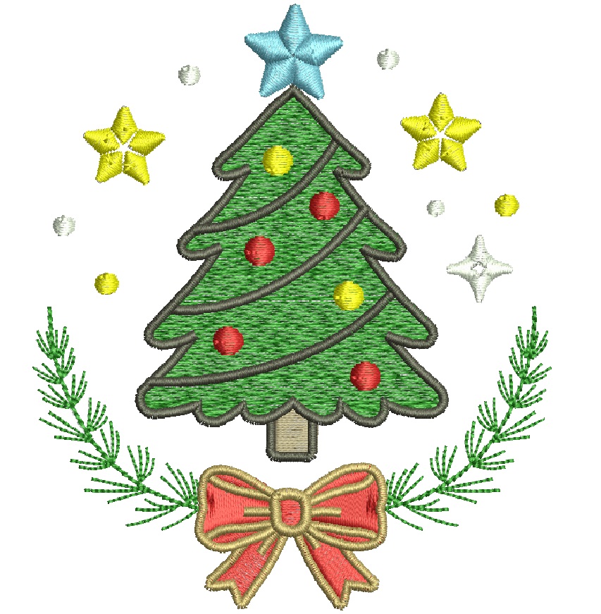 Christmas Tree with Bow and Stars Machine Embroidery Design