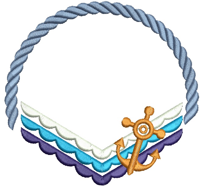 Nautical Rope Anchor Monogram Frame Machine Embroidery Design, Waves Border Style 
