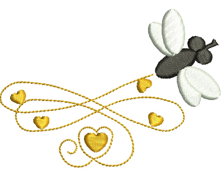 Flying Bee with Golden Hearts Machine Embroidery Design, Cute Insect Motif, Small Decorative Pattern for Clothing and Accessories 