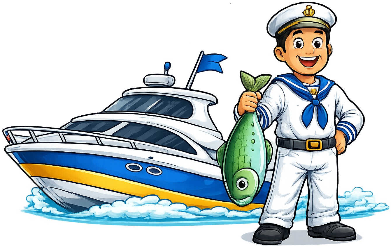 Cartoon Sailor with Yacht and Fish Nautical Art - PNG file with transparent background