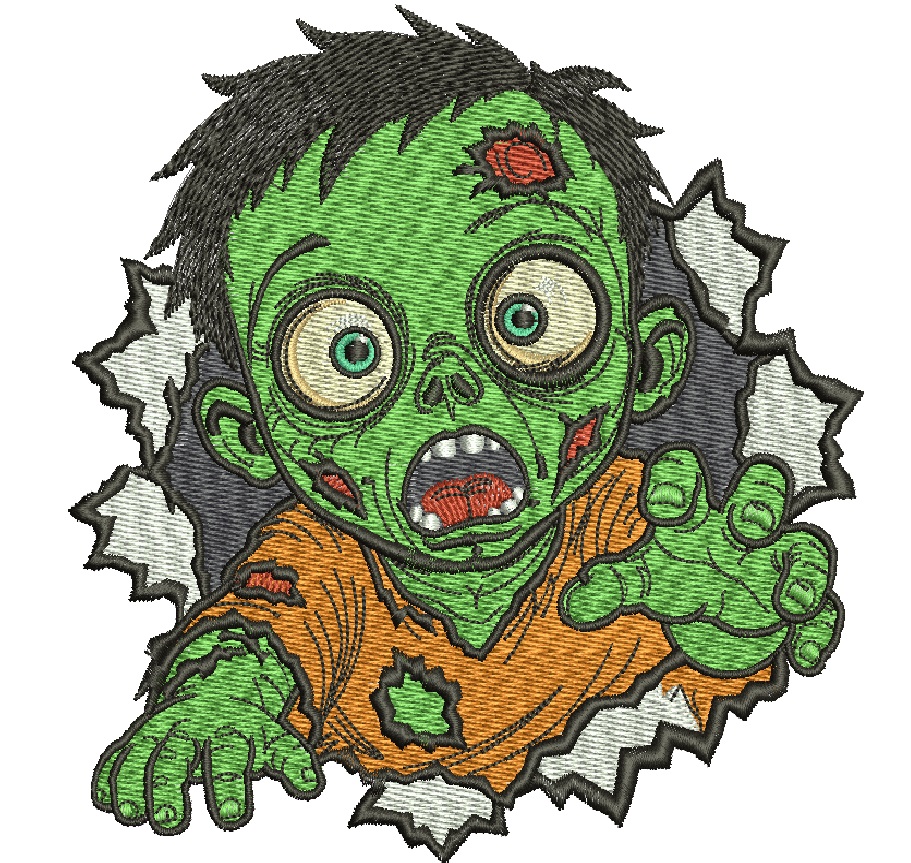 Cute Zombie Boy Ripping Through Wall Machine Embroidery Design Spooky Green Monster 