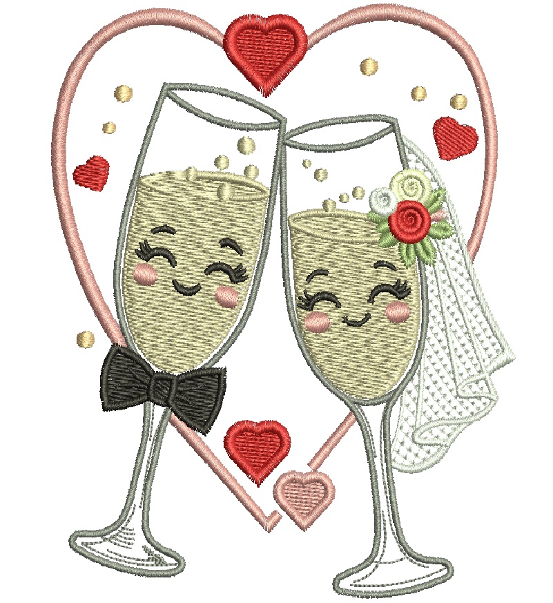 Bride and Groom Champagne Glasses in Heart Machine Embroidery Design, Cute Wedding Toast, Kawaii Wedding Embroidery Pattern