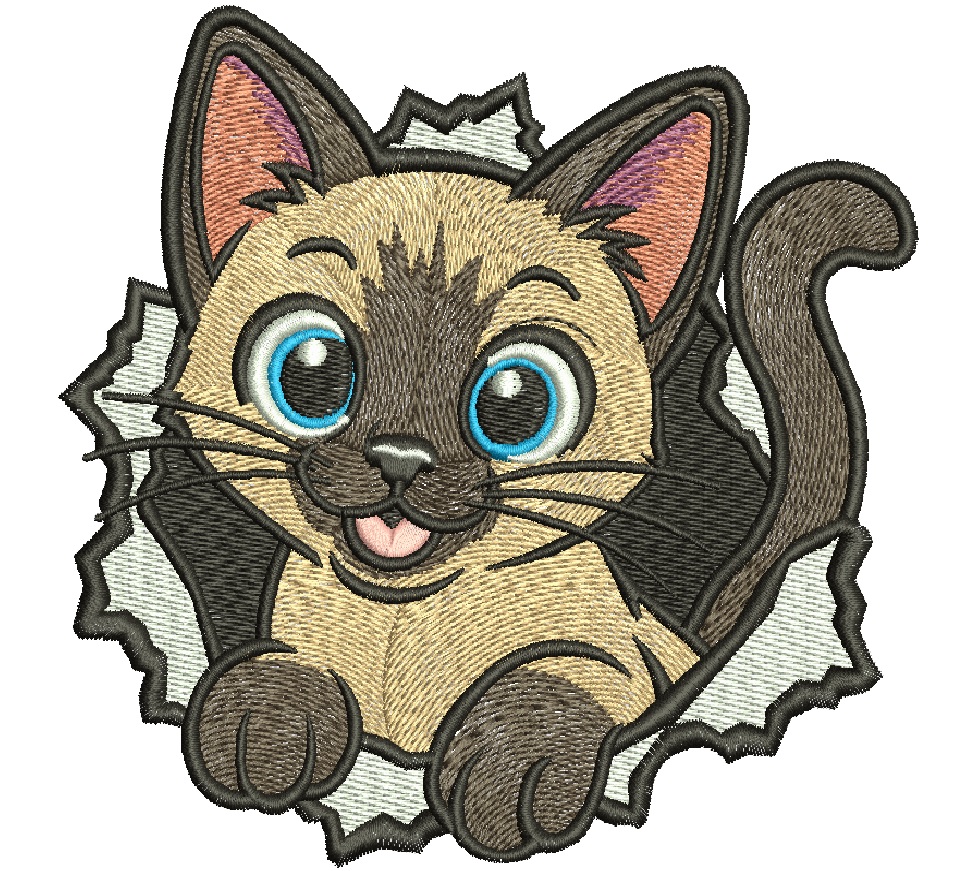 Cute Siamese Cat Machine Embroidery Design, Blue Eyed Kitten Peeking Through Wall, Kawaii Pet Embroidery File, Digital Download Pattern