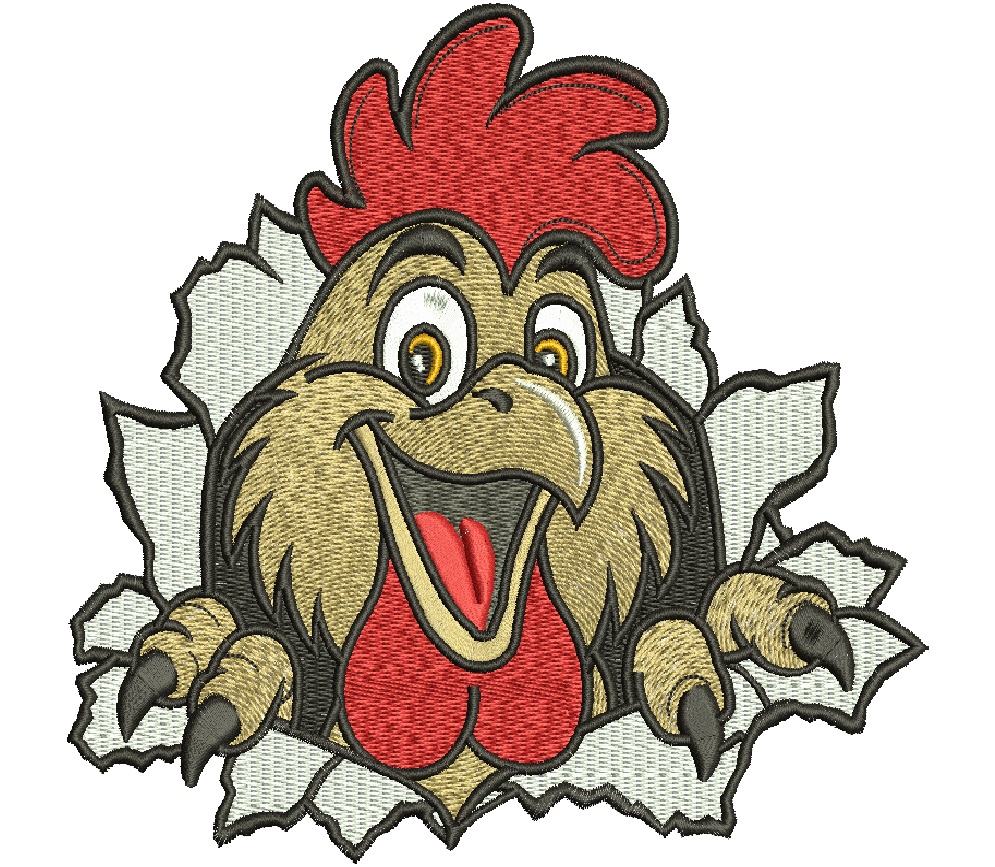 Crazy Rooster Machine Embroidery Design, Funny Chicken Breaking Wall, Cartoon Farm Rooster Head, Rustic Country Patch, Jacket Back Embroidery File PES DST 