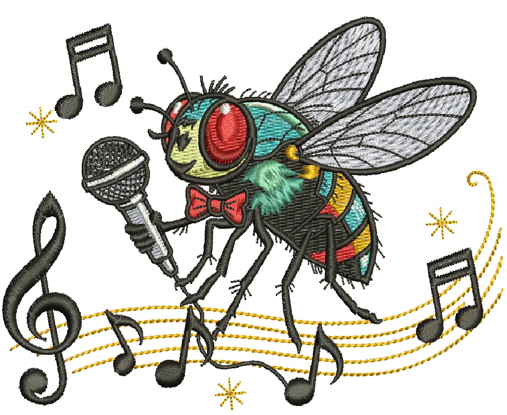 Singing Fly Machine Embroidery Design, Funny Cartoon Insect with Microphone, Music Notes, Cute Bug Character, Animal Embroidery File PES DST 