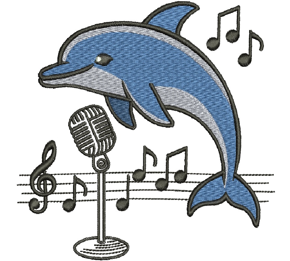 Singing Dolphin Music Machine Embroidery Design Ocean Animal Marine Life Microphone Motif 