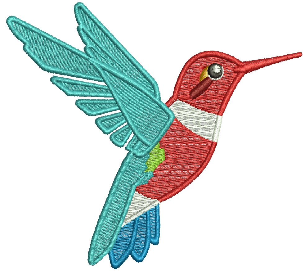 Hummingbird Machine Embroidery Design, Teal Red Blue Bird Pattern 97x87 mm  