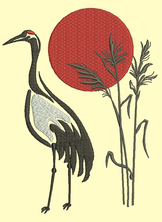 Japanese Crane Machine Embroidery Design, Red Sun Bird Digital File  