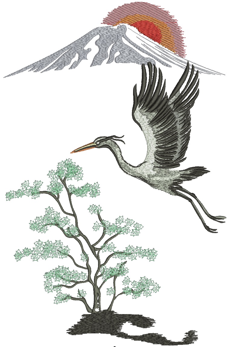 Flying Crane Mount Fuji Machine Embroidery Design, Japanese Landscape Digital File 