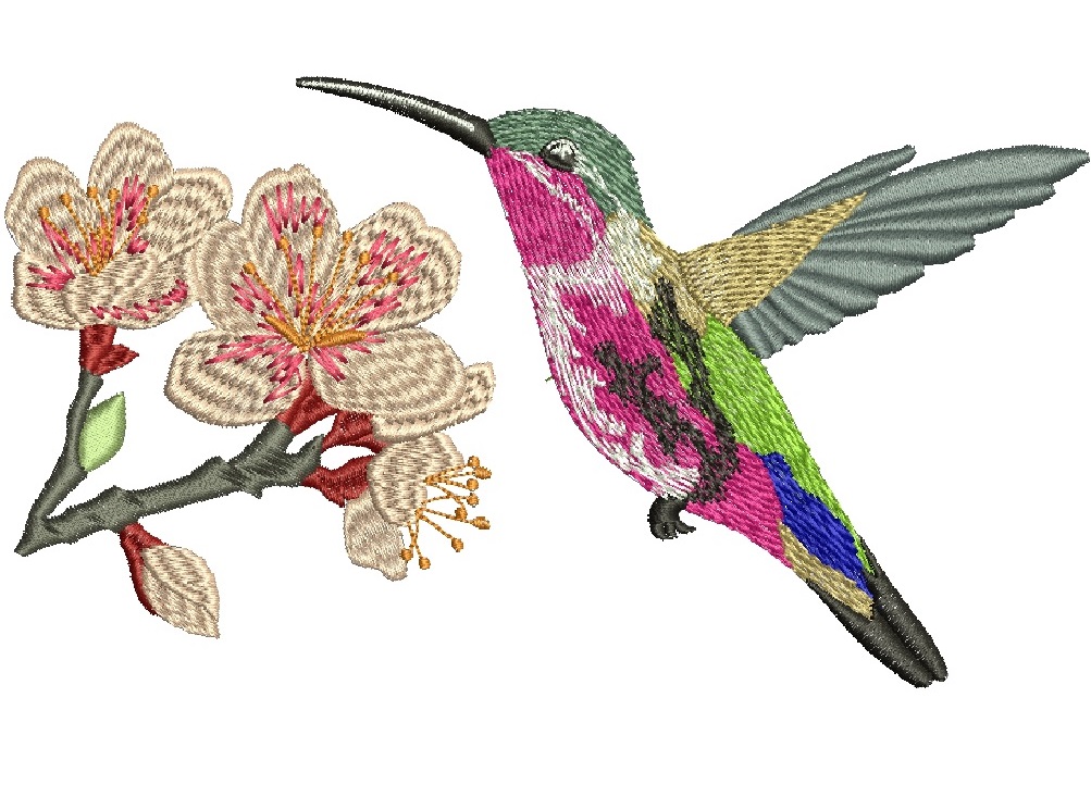 Hummingbird and Blossoms Machine Embroidery Design, Flying Bird Digital File 