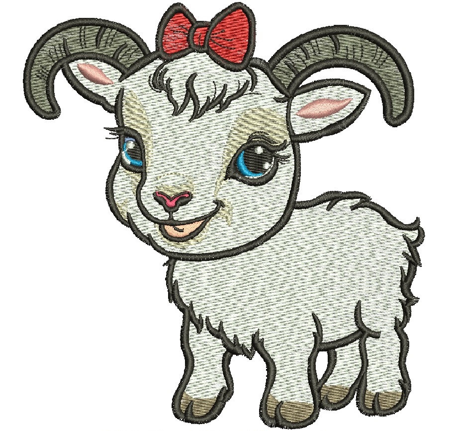Baby Goat Machine Embroidery Design, Cute Goatling Bow Digital File 