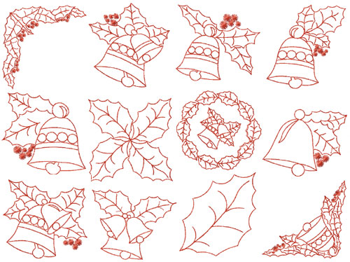 Bells And Holly Leaves Redwork 12 Machine Embroidery Designs set 4x4 