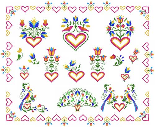Birds, Hearts and Flowers 16 Machine Embroidery Designs set