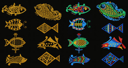 Ethnic Fish Ornaments Machine Embroidery Designs set 5x7 hoop