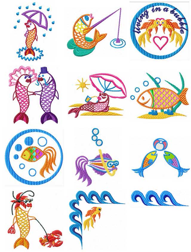 Funky Fish 12 Machine Embroidery Designs set 5x7