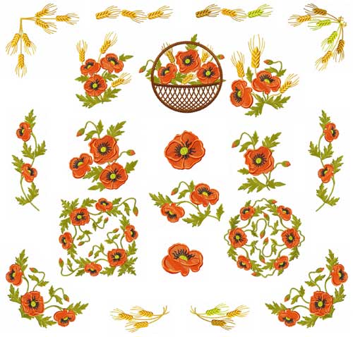 Poppies and Wheat 18 Machine Embroidery Designs set