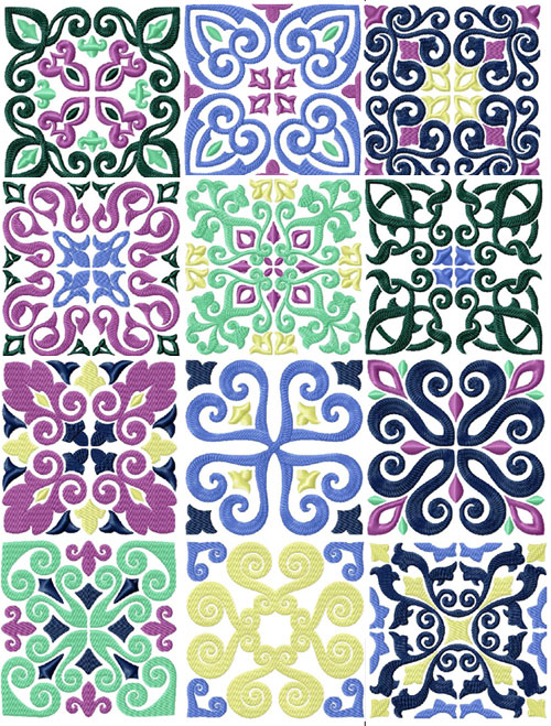 Tiles - 12 Square Quilt Blocks Machine Embroidery Designs 5x5
