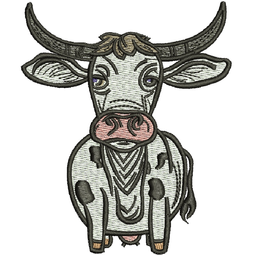 Texas longhorn cartoon cow machine embroidery design, western cow embroidery file, cute animal embroidery pattern