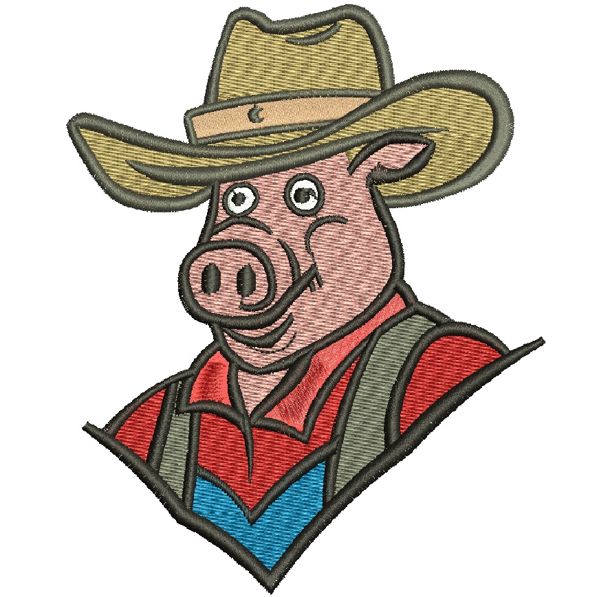 Pig cowboy in red shirt, blue pants and brown hat machine embroidery design 