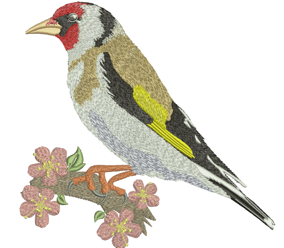 Black-headed goldfinch bird on sakura branch machine embroidery design  