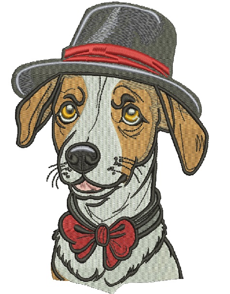 Dog in a hat and a red bow machine embroidery design 