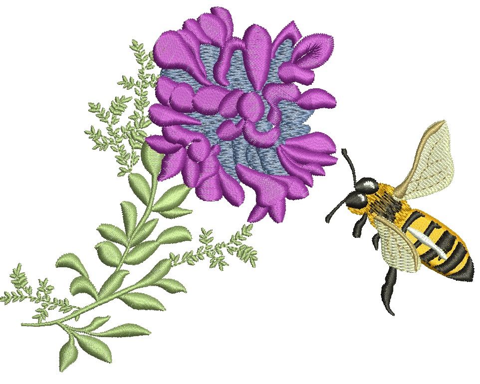 Flying bee and purple flower machine embroidery design  