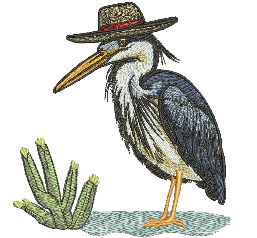 Whimsical Heron in Hat Embroidery Design 