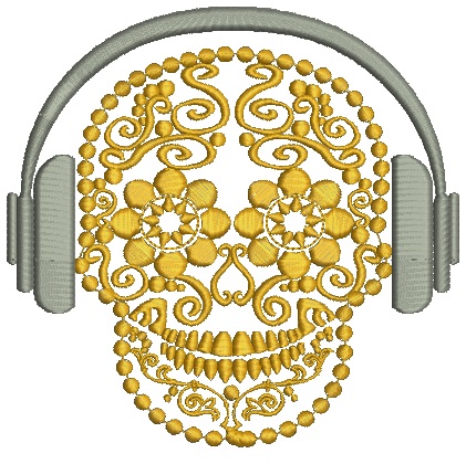 Flower Pattern Skull in Headphones Machine Embroidery Design 