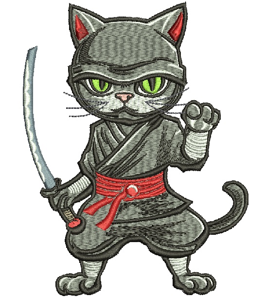 Samurai Ninja Cat Machine Embroidery Design with Sword, Japanese Style Warrior Cat Embroidery Pattern