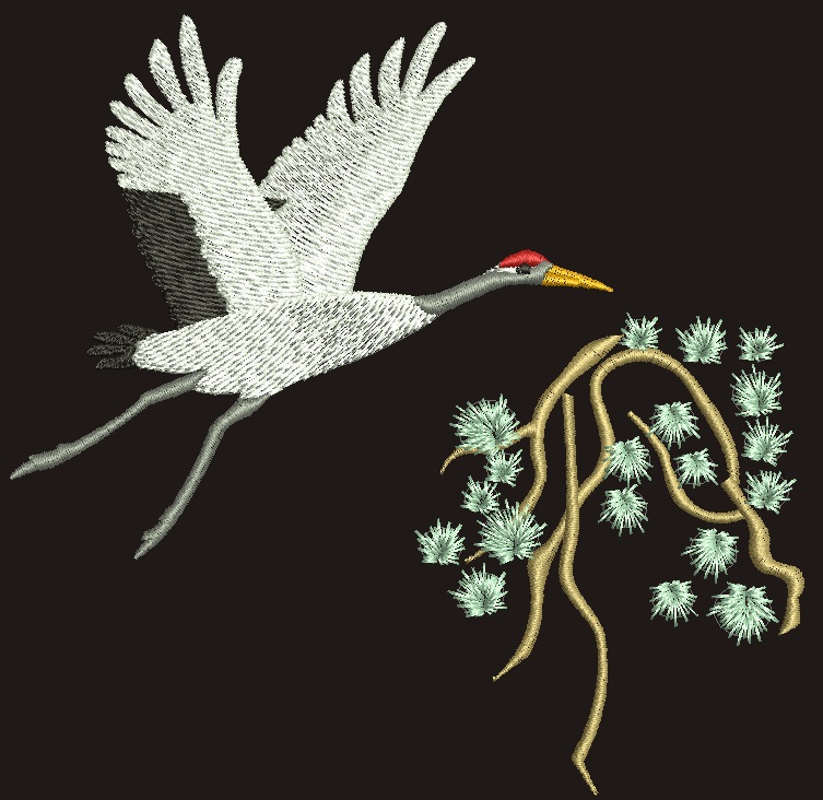 Japanese crane and pine machine embroidery design