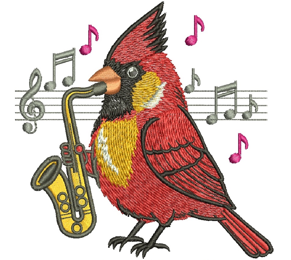 Musical Cardinal Bird Playing Saxophone with Notes Machine Embroidery Design 