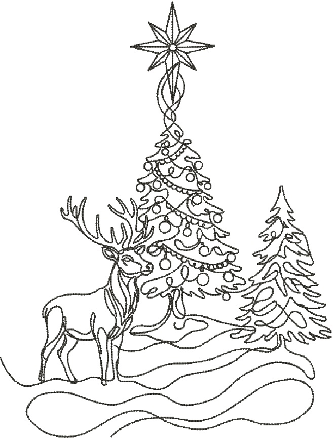 Christmas Deer and Christmas Tree Line Art Machine Embroidery Design