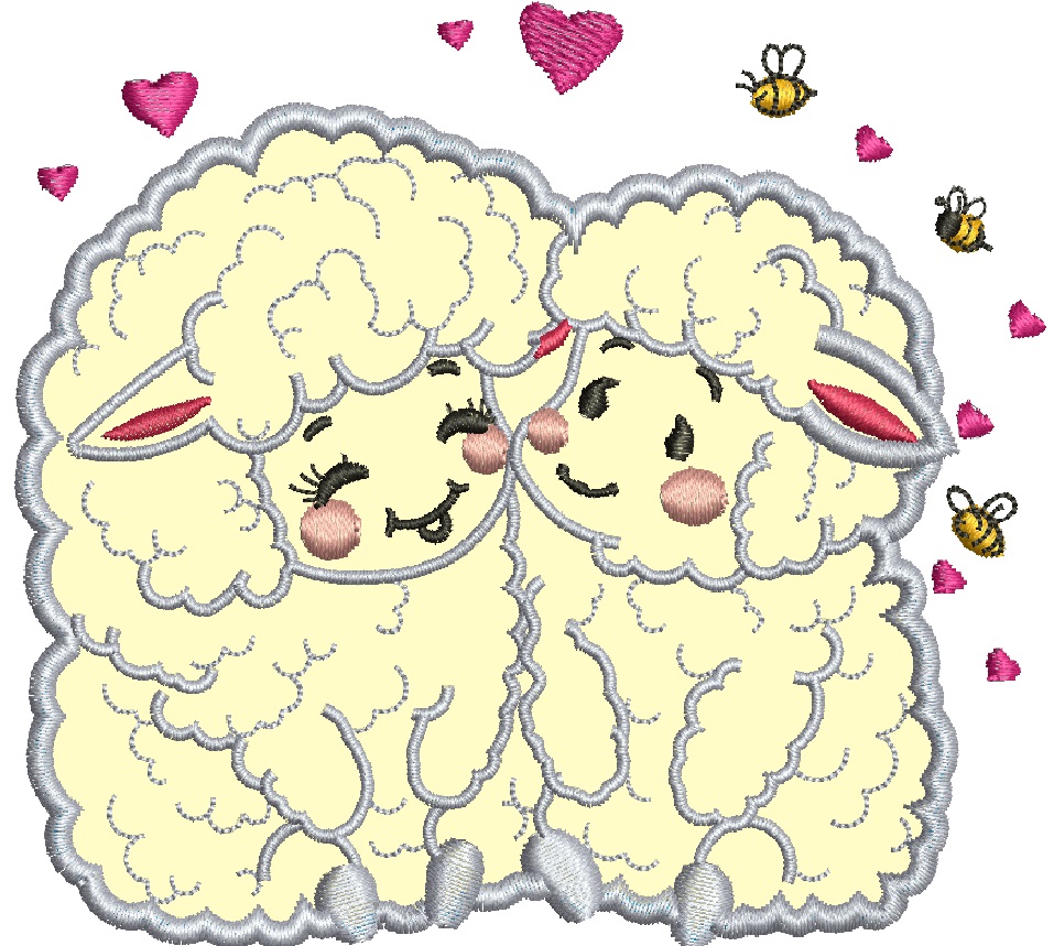 Cute Twin Lambs Hugging Applique Machine Embroidery Design Kawaii Sheep  with Hearts and Bees Baby Nursery Farm Animal Instant Download PES DST