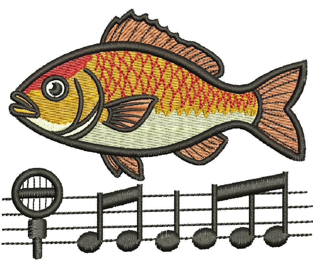 Golden fish with microphone machine embroidery design 