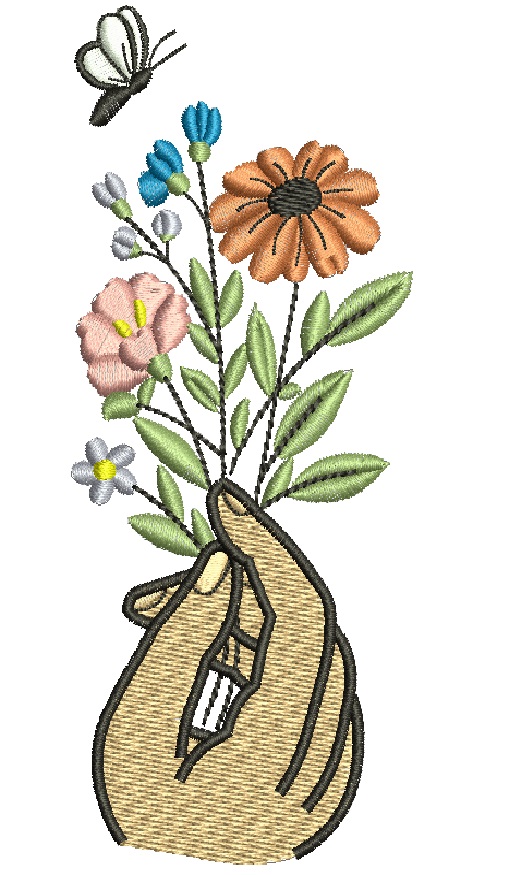 Wildflower Bouquet Machine Embroidery Design, Hand Holding Flowers Pattern, Aesthetic Botanical Embroidery File, Kitchen Towel Design 25052026