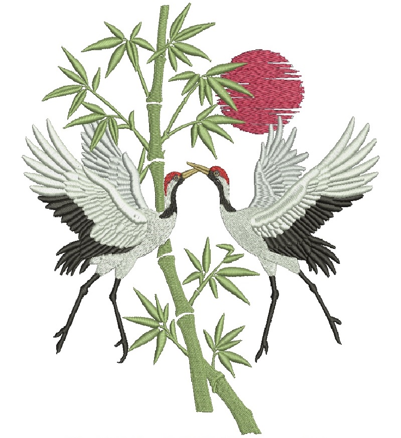 couple of dancing cranes sun and bamboo branch Crane Bird Embroidery Design, Asian Bamboo Floral Motif, Large Satin Stitch 