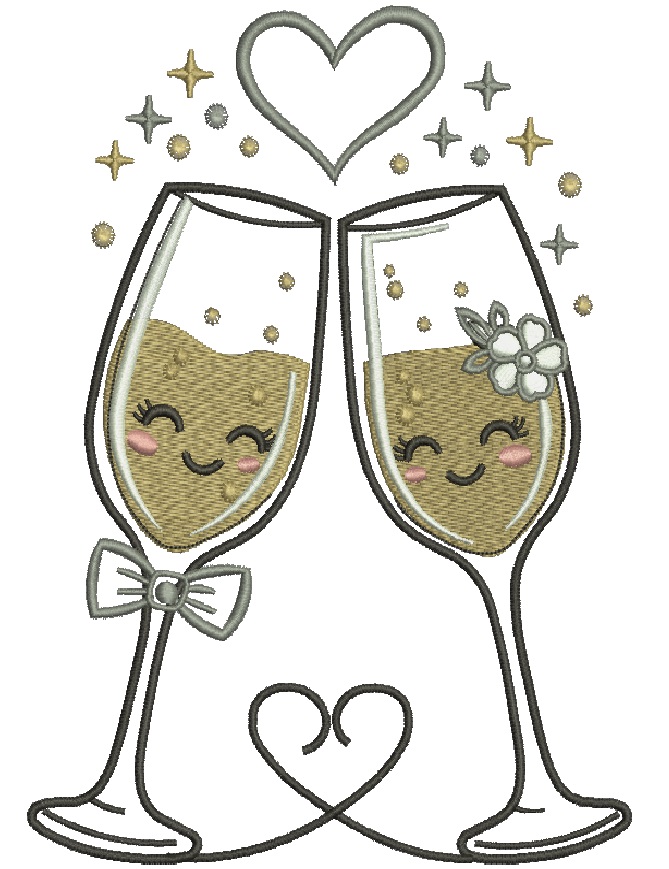  Wedding Champagne Glasses Embroidery Design, Cute Bride and Groom Glasses, Wedding Toast Embroidery Pattern
