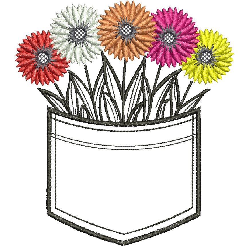 Flower Pocket Machine Embroidery Design, Wildflower Pocket Applique, Daisy Bouquet Pocket, Floral Shirt Pocket Embroidery 