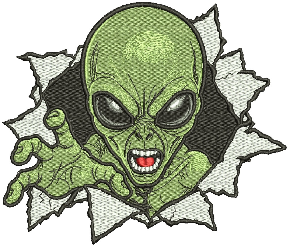Alien Breaking Through Wall Embroidery Design, UFO Extraterrestrial Monster, Sci Fi Alien Machine Embroidery Pattern