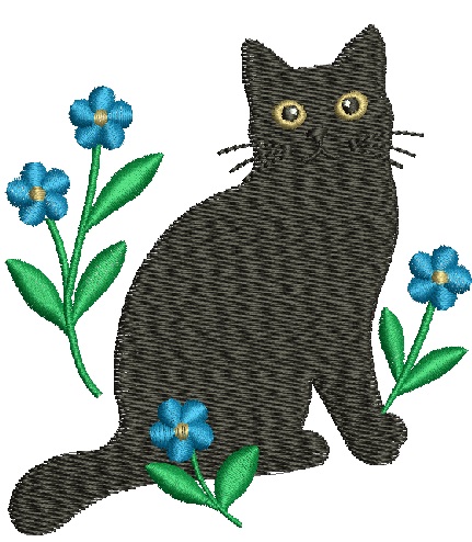 Black Cat with Blue Flowers Machine Embroidery Design, this is not a real product, These are digital files