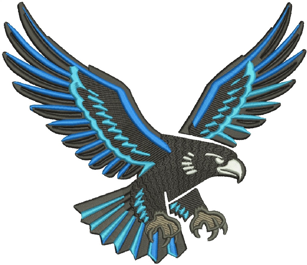 Soaring Eagle Machine Embroidery Design, Flying Bald Eagle with Blue Accents 